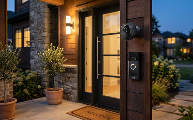 Smart security camera and video doorbell installed at a home entrance